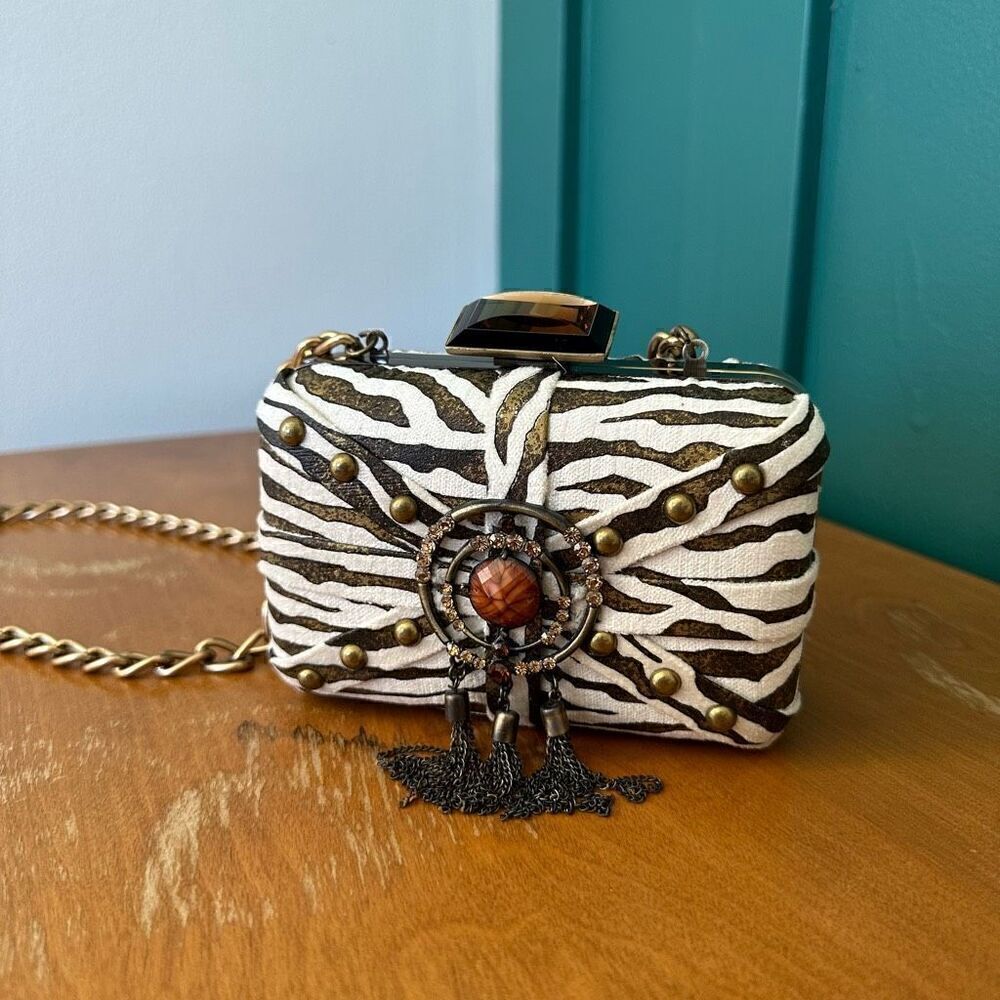 Mary Frances Aria Bronze Zebra Printed Tassel Versatile Shoulder Clutch Bag - Picture 2 of 14